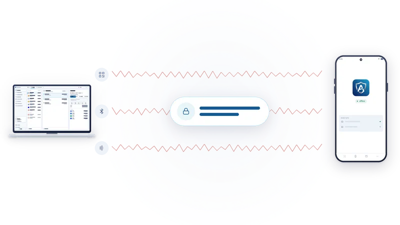 A sealed capsule with a lock travelling across three noisy carrier lanes between a laptop and a phone