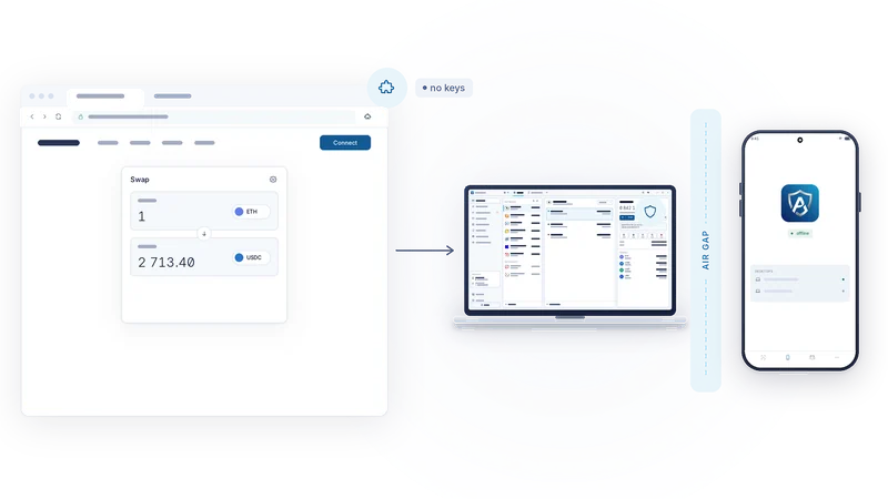 A swap page in a browser with the keyless extension badge on its corner, a local link to the desktop wallet, the air gap, and the phone