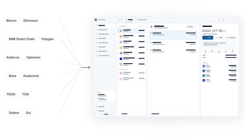 Network names converging into the AirNox Wallet window with its tabs, navigation, networks column and accounts