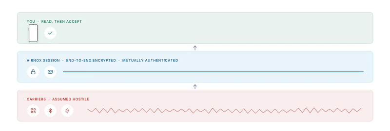 Three layers: hostile carriers at the bottom, the AirNox session in the middle, your decision on top