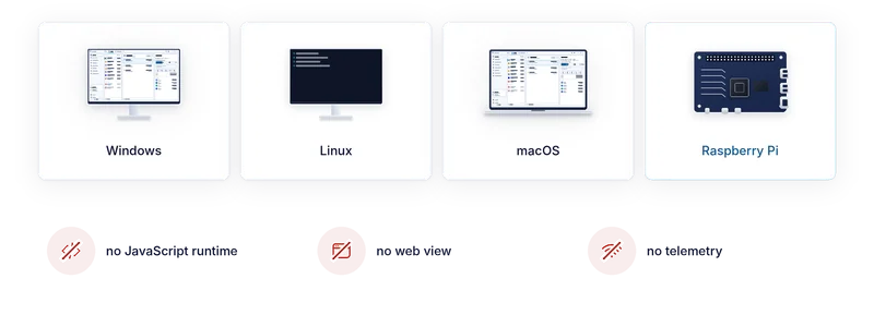 Four platform tiles for Windows, Linux, macOS and Raspberry Pi, and three crossed-out items: no JavaScript runtime, no web view, no telemetry
