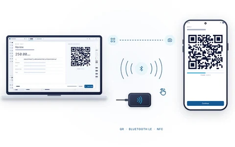 A laptop and a phone with three links between them: an optical QR link, Bluetooth waves and an NFC tap