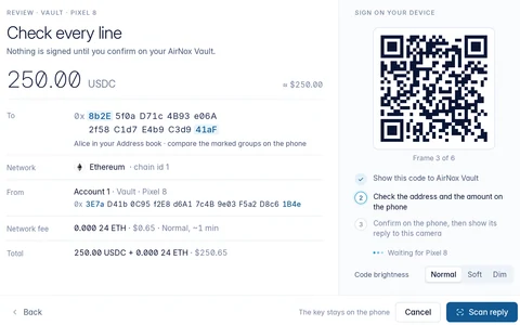 The review screen on the desktop: 250.00 USDC to an address in groups of four characters, and a QR code for AirNox Vault.