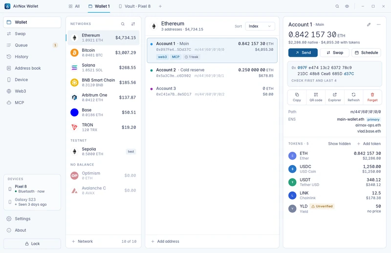 The wallet window: networks with balances, the accounts on Ethereum, and the selected account with its address in groups of four characters and its tokens.