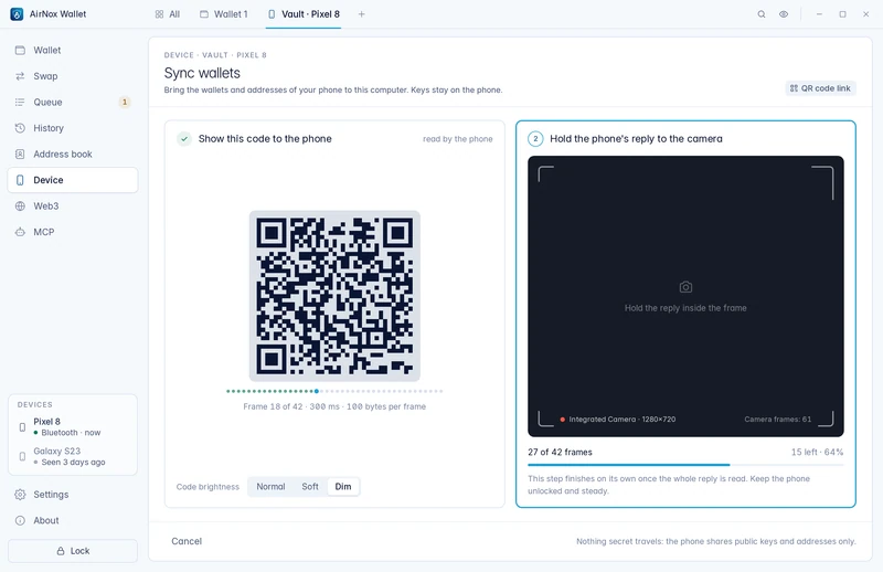 Syncing wallets with the phone: a QR code for the phone on the left, the camera view for the phone's reply on the right.