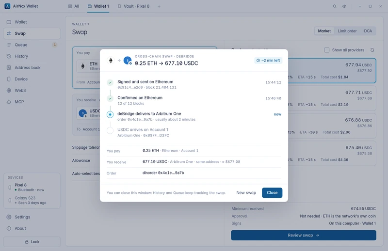 A swap from Ethereum to Arbitrum One in progress: signed, confirmed, crossing the bridge, then arriving.